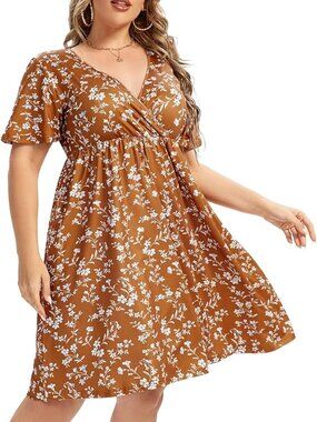 AMZPlus Plus Size V-Neck Floral Wrap Midi Dress Mustard Yellow Size 4X Pockets